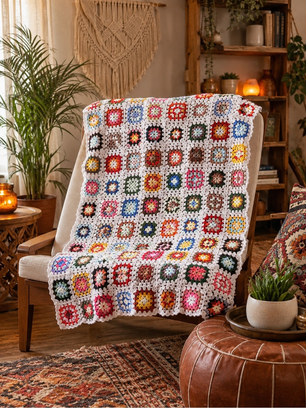 Awesome “Roseanne” style multicolour granny square cotton blanket